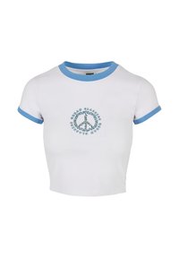 White cropped t-shirt with light blue ribbed collar and sleeves. Features a peace sign graphic in turquoise text and floral accents.
