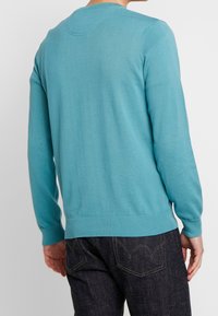 Man som bär en turkos långärmad tröja och mörkblå jeans, sedd bakifrån mot en enkel vit bakgrund.