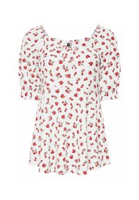 Blusa blanca con estampado floral rojo, escote cuadrado, mangas abullonadas y detalle de lazo en la parte delantera. Tejido suave con un diseño fluido.