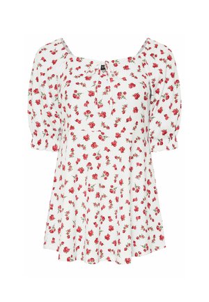 Weiße Bluse mit rotem Blumenmuster, quadratischem Ausschnitt, Puffärmeln und Bindeband vorne. Weicher Stoff mit fließendem Design.