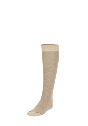 Calcetín beige hasta la rodilla con una banda beige clara en la parte superior. Hecho de una suave tela texturizada, con un diseño de puntera sin costuras.