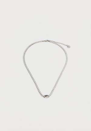 Silver-tone chain necklace with clear rhinestones and a decorative bead centerpiece, secured with an adjustable clasp.