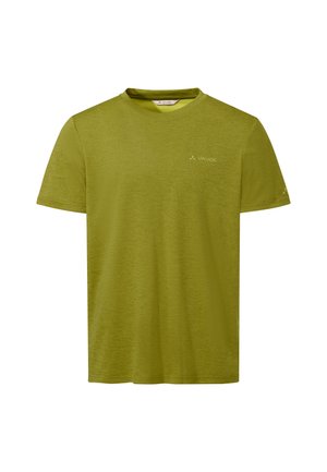 Olivegrünes T-Shirt mit kurzem Arm und Rundhalsausschnitt, mit dezentem Vaude-Logo auf Brust und Ärmel, aus leichtem Stoff gefertigt.