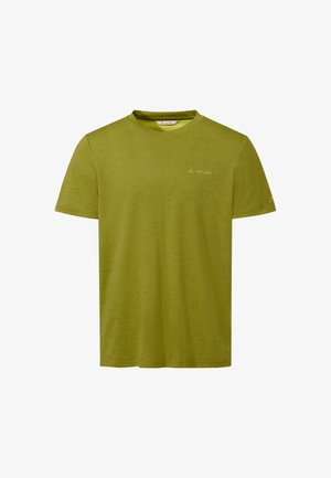 Olivegrünes T-Shirt mit kurzem Arm und Rundhalsausschnitt, mit dezentem Vaude-Logo auf Brust und Ärmel, aus leichtem Stoff gefertigt.