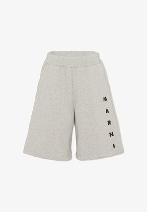 Lichtgrijze knielange shorts met elastische tailleband en verticale zwarte "MARNI" tekst op het rechterbeen, gemaakt van zacht stof.