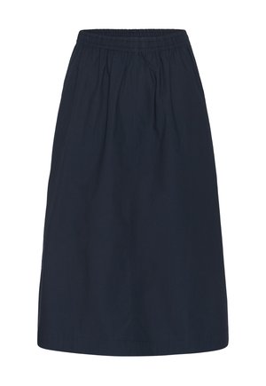 Jupe bleu marine foncé mi-longue avec taille élastique et coupe droite simple, fabriquée en tissu léger.