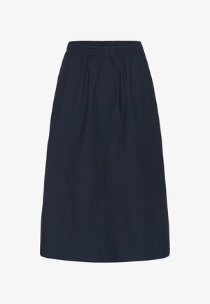 Jupe bleu marine foncé mi-longue avec taille élastique et coupe droite simple, fabriquée en tissu léger.