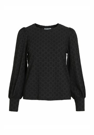 Sort langærmet bluse med et struktureret blomsterdesign, rund halsudskæring og sammensnørede puffærmer, lavet af blødt stof.