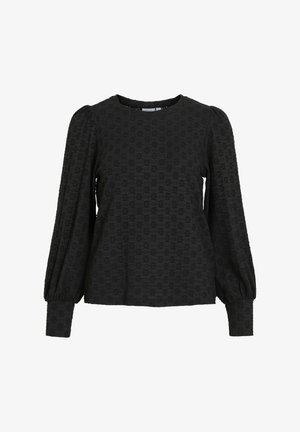 Svart langermet bluse med en teksturert blomsterdesign, rund hals, og innsamlede puffermer, laget av myk stoff.