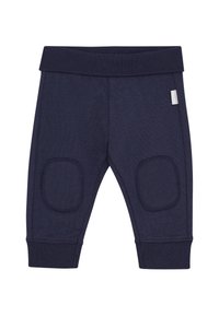 Marineblauwe katoenen broek met een geribde tailleband, kniestukken en boorden. Glad textuur, aansluitende pasvorm en een minimaal zichtbaar merklabel.