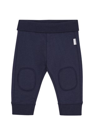 Marineblauwe katoenen broek met een geribde tailleband, kniestukken en boorden. Glad textuur, aansluitende pasvorm en een minimaal zichtbaar merklabel.