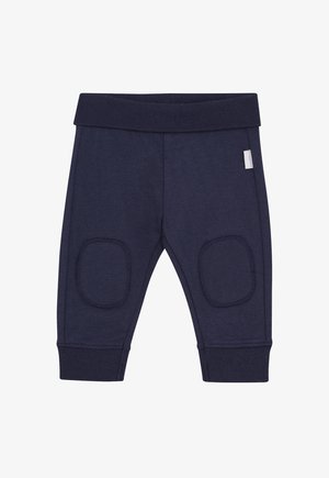 Marineblauwe katoenen broek met een geribde tailleband, kniestukken en boorden. Glad textuur, aansluitende pasvorm en een minimaal zichtbaar merklabel.