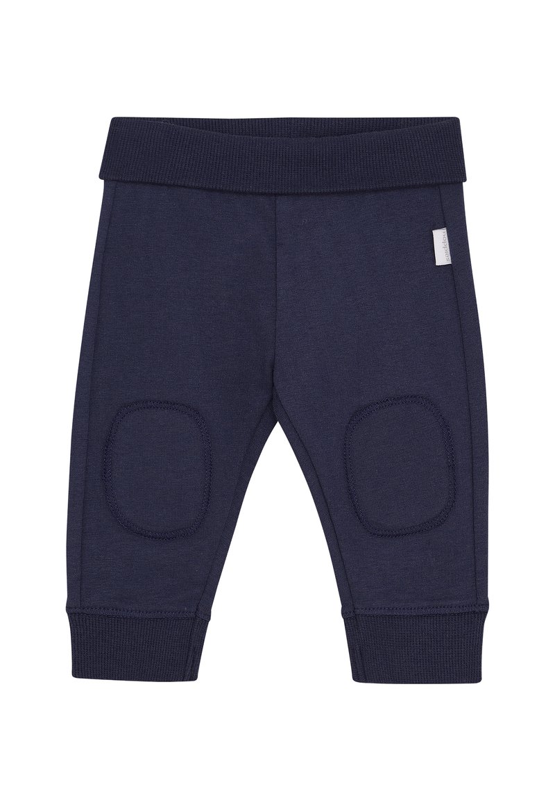 Marineblauwe katoenen broek met een geribde tailleband, kniestukken en boorden. Glad textuur, aansluitende pasvorm en een minimaal zichtbaar merklabel.