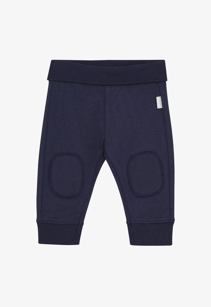 Marineblauwe katoenen broek met een geribde tailleband, kniestukken en boorden. Glad textuur, aansluitende pasvorm en een minimaal zichtbaar merklabel.