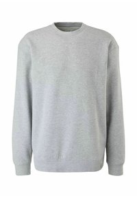 Lichtgrijze sweatshirt, ronde hals, lange mouwen, zachte katoenmix stof, ribgebreide manchetten en zoom, minimale branding op de borst.
