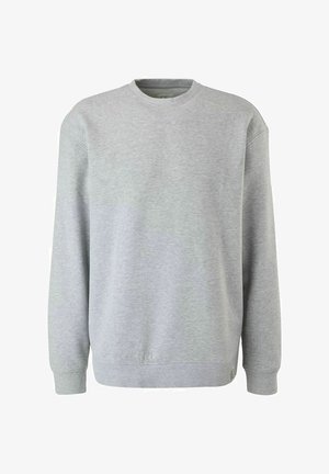 Lichtgrijze sweatshirt, ronde hals, lange mouwen, zachte katoenmix stof, ribgebreide manchetten en zoom, minimale branding op de borst.
