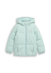 Licht mintgroene pufferjack met een capuchon, ritssluiting aan de voorkant en twee zijzakken. Bevat een subtiel hartpatroon op de borst.