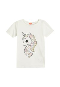 Hvid bomulds t-shirt med et enhjørning grafik med pastel farvet man og blomster. Teksten lyder "Du er magisk" i et buet design.