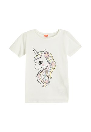 Camiseta de algodón blanca con un gráfico de unicornio con melena en colores pastel y flores. El texto dice "Eres mágico" en un diseño curvado.