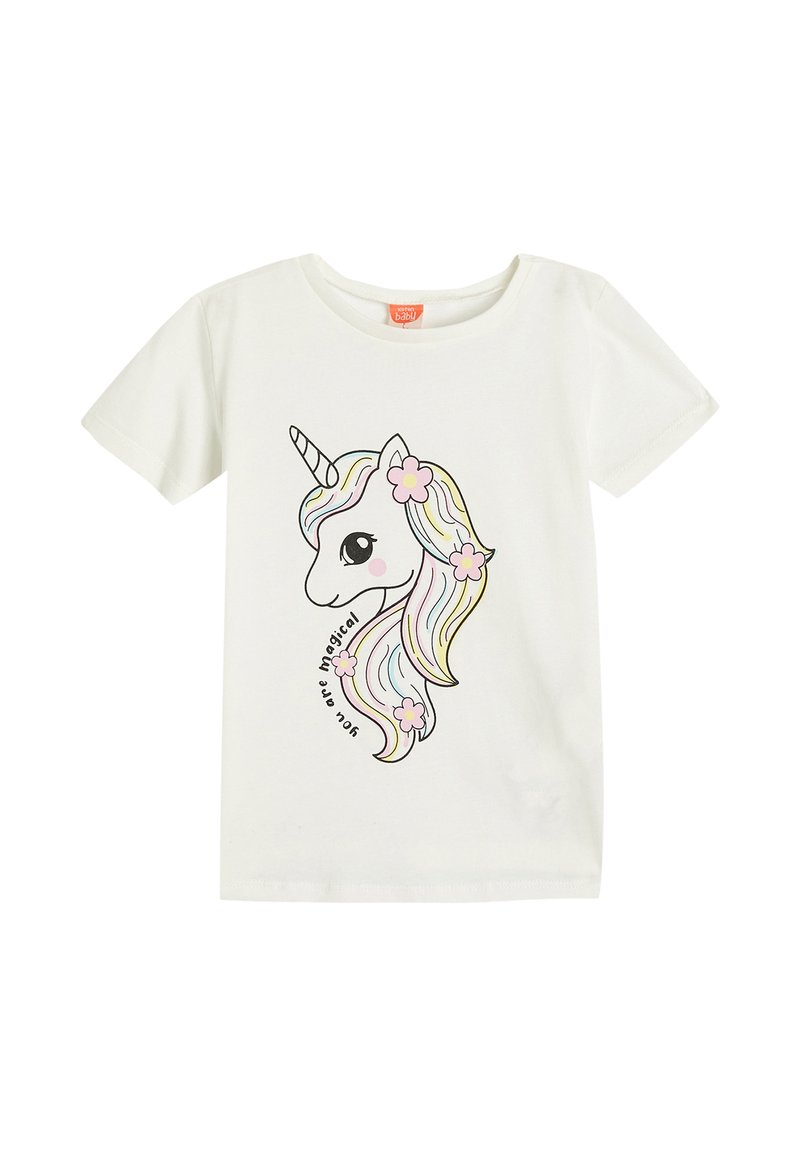 Hvid bomulds t-shirt med et enhjørning grafik med pastel farvet man og blomster. Teksten lyder "Du er magisk" i et buet design.