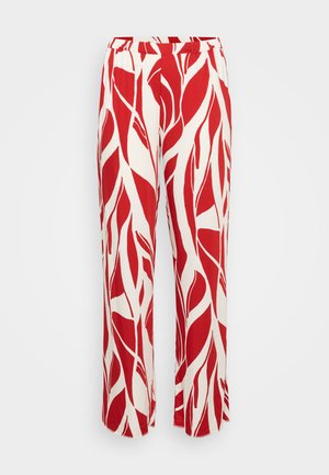 Røde og hvite mønstrede bukser med bladdesign, med vide ben, elastisk midjebånd og lett stoff.