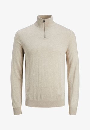 Beez värvi pooltõmblukk-sviiter, valmistatud pehmest kangast, pikkade varrukatega, ribaga äärega ja sileda tekstuuriga, mis sisaldab minimaalset detaili.