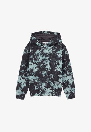 Mikina s kapucňou s čiernym základom a tealovými a sivými abstraktnými vzormi. Vyrobená z mäkkej látky, s rebrovanými manžetami a spodným lemom pre pohodlie.