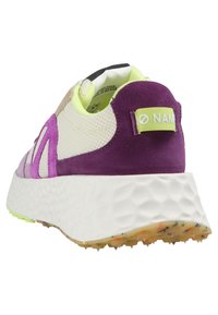 Men's athletic sneaker featuring a white mesh upper, purple suede accents, green detailing on heel, and textured white rubber sole.