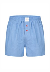 Modré boxerkové trenýrky s pruhy z lehké látky, se zapínáním vpředu na dvě červená tlačítka a elastickým pasem.