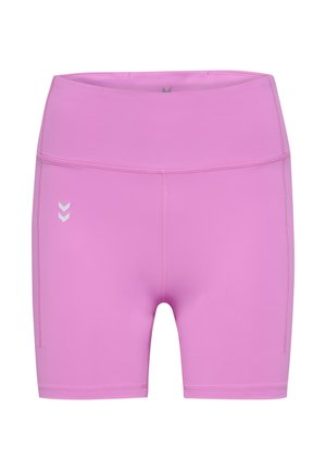 Roze sportshorts met een hoge tailleband, gemaakt van rekbaar materiaal. Kenmerkt zich door platte naden en een logo met drie chevrons.