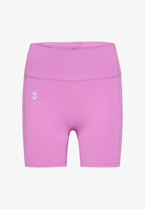 Roze sportshorts met een hoge tailleband, gemaakt van rekbaar materiaal. Kenmerkt zich door platte naden en een logo met drie chevrons.