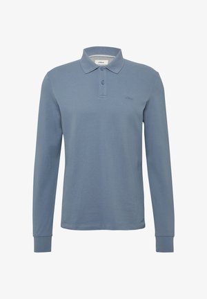 Lange mouwen polo shirt in lichtblauw, gemaakt van textuurstof; beschikt over een knoopsluiting, geribbelde manchet en een klein logo op de borst.