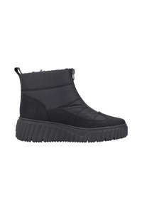 Bottes noires à la cheville avec un dessus texturé, dotées d'une fermeture éclair sur le côté et d'une semelle épaisse et rainurée. Le matériau combine des textures synthétiques lisses et granuleuses.