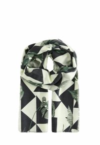 Schal aus weichem Stoff, mit einem grünen botanischen Muster auf einem schwarz-weißen geometrischen Hintergrund, mit ausgefransten Kanten für Textur.