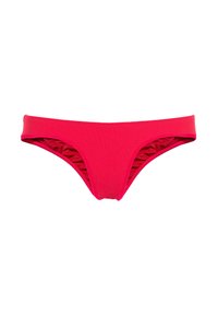 Bas de bikini rouge avec une finition lisse, présentant une coupe taille basse et des détails froncés sur les côtés, fabriqué à partir d'un tissu extensible pour le confort.