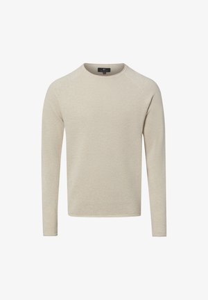 Maglione beige a maniche lunghe con scollo tondo e motivo a maglia testurizzata, mostrato su sfondo bianco uniforme.