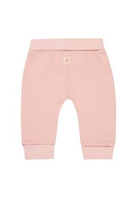 Lichtroze katoenen babybroekjes met een relaxed fit, voorzien van een zachte tailleband en boorden, en een klein logo label op de achterkant.