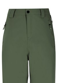 Zelené outdoorové kalhoty s bočními kapsami na zip, zapínáním na knoflík a poutky na opasek. Vyrobené z odolné hladké tkaniny s matným povrchem.