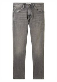 Jean slim fit en denim gris avec fermeture à bouton et fermeture éclair à l'avant, poches avant et poche monnaie, et passants de ceinture.