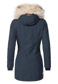 Marine parka jakke med hætte i kunstpels, let indsnævret form, ribbede manchetter og en tekstureret overflade. Indeholder en logo-tags på siden.