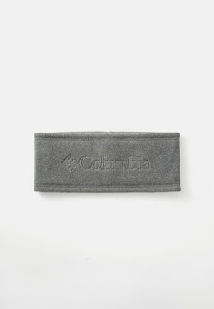 Grå fleece hodebånd med teksturert logo, rektangulær form og sydd kanter. Designet for varme og komfort under utendørsaktiviteter.