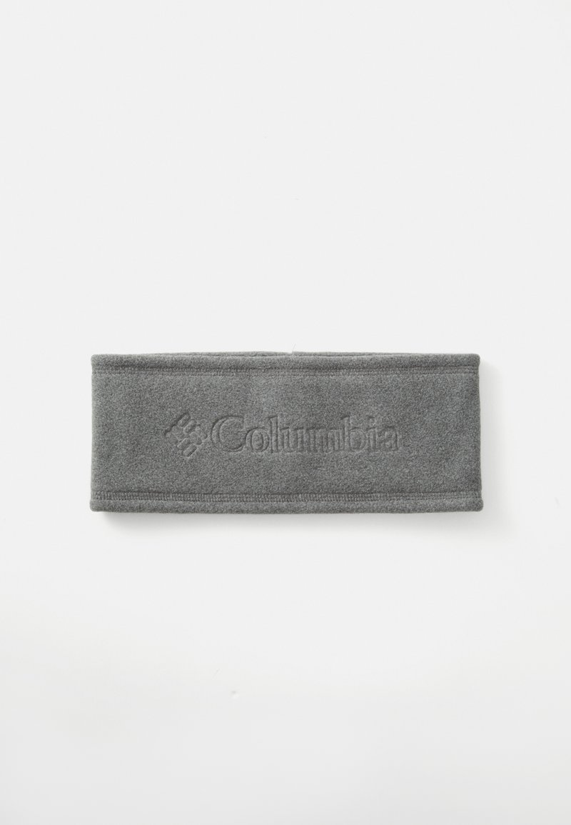 Harmaa fleece-panta, jossa on teksturoitu logo, suorakulmainen muoto ja ommellut reunat. Suunniteltu lämpöä ja mukavuutta varten ulkoilma-aktiviteettien aikana.