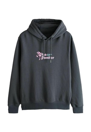 Dunkelgrauer Hoodie mit pink- und grüner Aufschrift "Pink Panther Running Club" auf der Vorderseite und einem stilisierten laufenden Pink Panther-Logo, Kordelzug an der Kapuze, gerippte Bündchen.