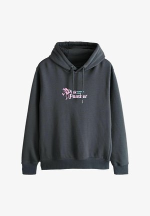 Dunkelgrauer Hoodie mit pink- und grüner Aufschrift "Pink Panther Running Club" auf der Vorderseite und einem stilisierten laufenden Pink Panther-Logo, Kordelzug an der Kapuze, gerippte Bündchen.