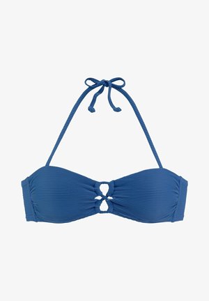 Blauer gerippter Bikini-Oberteil mit Halterneck-Bindung, mit gerafften Seiten und einem Schlüsselloch-Akzent in der Mitte. Glatte Stoffoberfläche, verstellbare Passform.