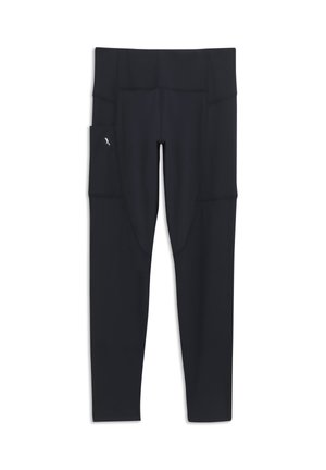 Leggings atletici neri aderenti con vita alta e tasca laterale, con un piccolo logo bianco sulla gamba sinistra.