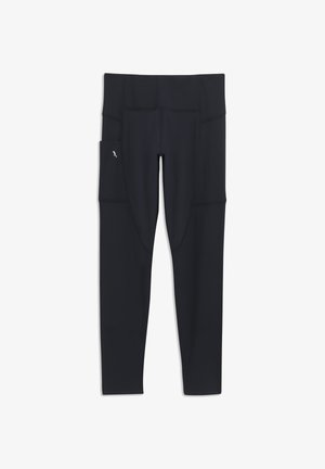 Zwarte nauwsluitende sportleggings met hoge tailleband en zijzak met een klein wit logo op het linkerbeen.
