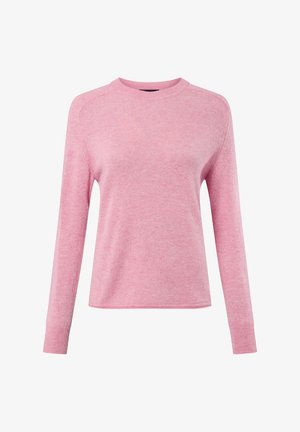 Rosa Langarmpullover aus weichem Strickstoff. Verfügt über einen runden Halsausschnitt und gerippte Bündchen, mit einem leicht lockeren Schnitt und glatter Textur.