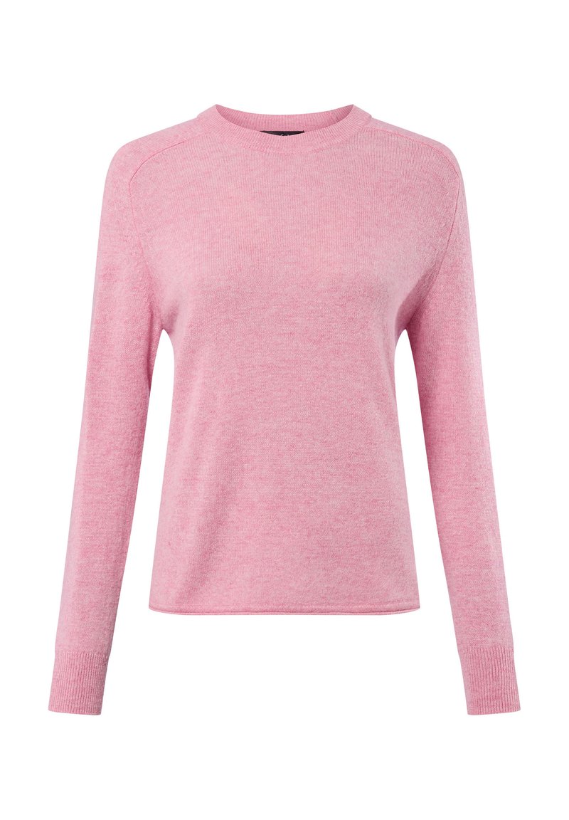 Rosa Langarmpullover aus weichem Strickstoff. Verfügt über einen runden Halsausschnitt und gerippte Bündchen, mit einem leicht lockeren Schnitt und glatter Textur.