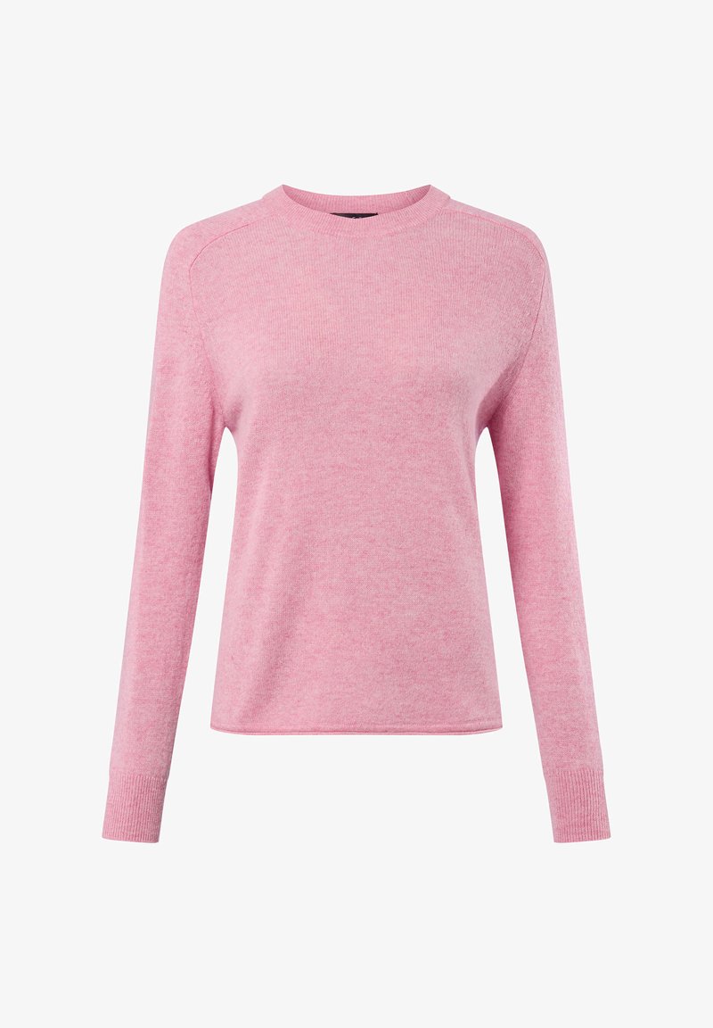 Rosa Langarmpullover aus weichem Strickstoff. Verfügt über einen runden Halsausschnitt und gerippte Bündchen, mit einem leicht lockeren Schnitt und glatter Textur.